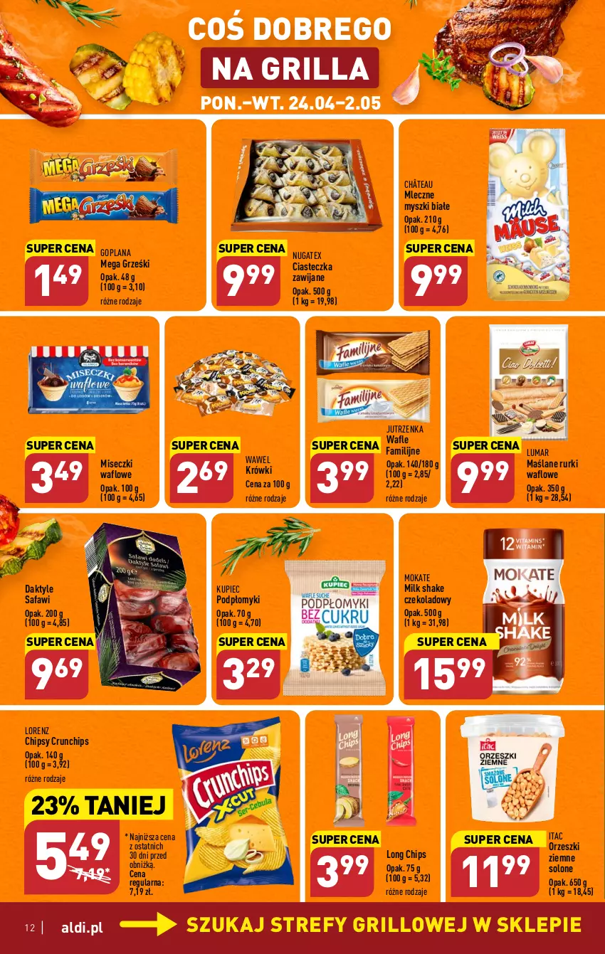 Gazetka promocyjna Aldi - Pełen katalog - ważna 24.04 do 02.05.2023 - strona 12 - produkty: Chipsy, Crunchips, Daktyle, Fa, Goplana, Grill, Grześki, Jutrzenka, Kupiec, LANA, Lorenz, Mysz, Orzeszki, Orzeszki ziemne, Piec, Rurki, Wafle, Wawel