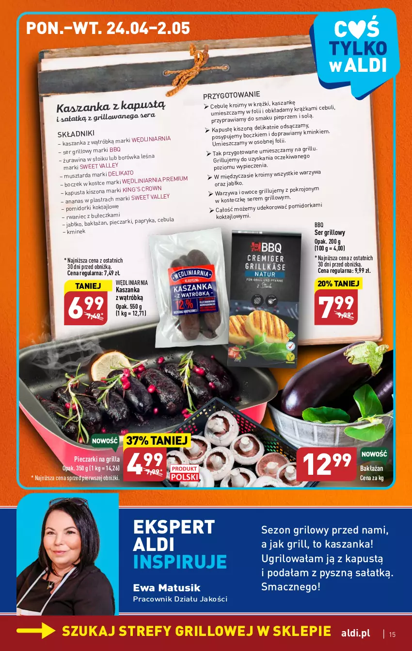 Gazetka promocyjna Aldi - Pełen katalog - ważna 24.04 do 02.05.2023 - strona 15 - produkty: Ananas, Ananas w plastrach, Borówka, Cebula, Grill, Kapustą, Kasza, Kaszanka, Kminek, LG, Mus, Musztarda, Orka, Owoce, Papryka, Piec, Pieprz, Pomidorki, Sałat, Ser, Warzywa, Warzywa i owoce