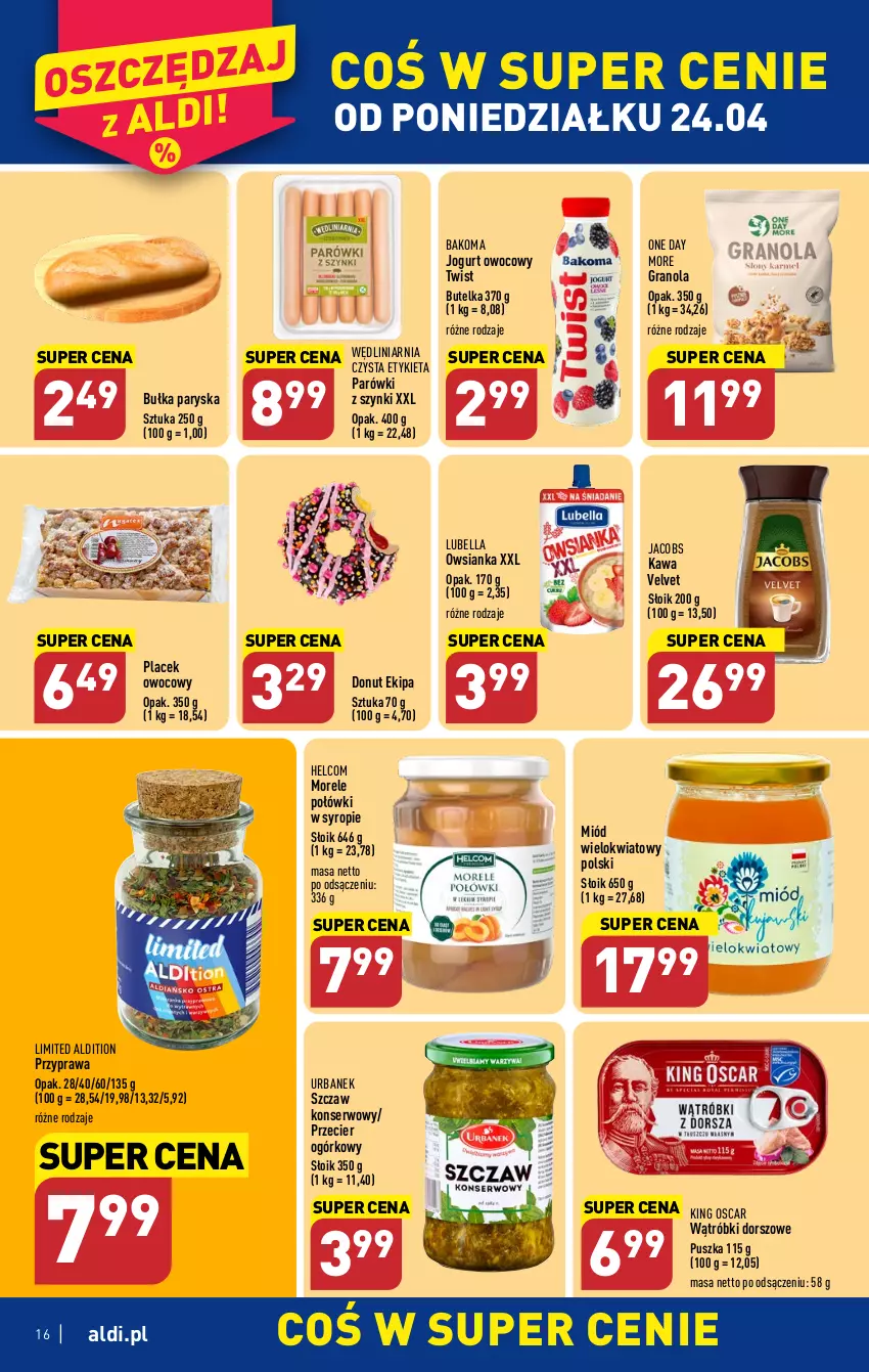 Gazetka promocyjna Aldi - Pełen katalog - ważna 24.04 do 02.05.2023 - strona 16 - produkty: Bakoma, Bell, Bella, Bułka, Donut, Dorsz, Gra, Granola, HELCOM, Jacobs, Jogurt, Jogurt owocowy, Kawa, Lubella, Miód, Owsianka, Parówki, Parówki z szynki, Ser, Syrop, Velvet