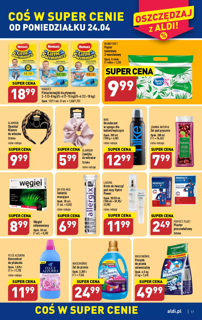 Gazetka promocyjna Aldi - Pełen katalog - ważna 24.04 do 02.05.2023 - strona 17 - produkty: Dezodorant, Dr Vita, Huggies, Joanna, König, Krem do twarzy, Majtki, Mus, Nike, Opaska, Papier, Papier toaletowy, Pieluchomajtki, Proszek do prania, Tablet, Tabletki musujące