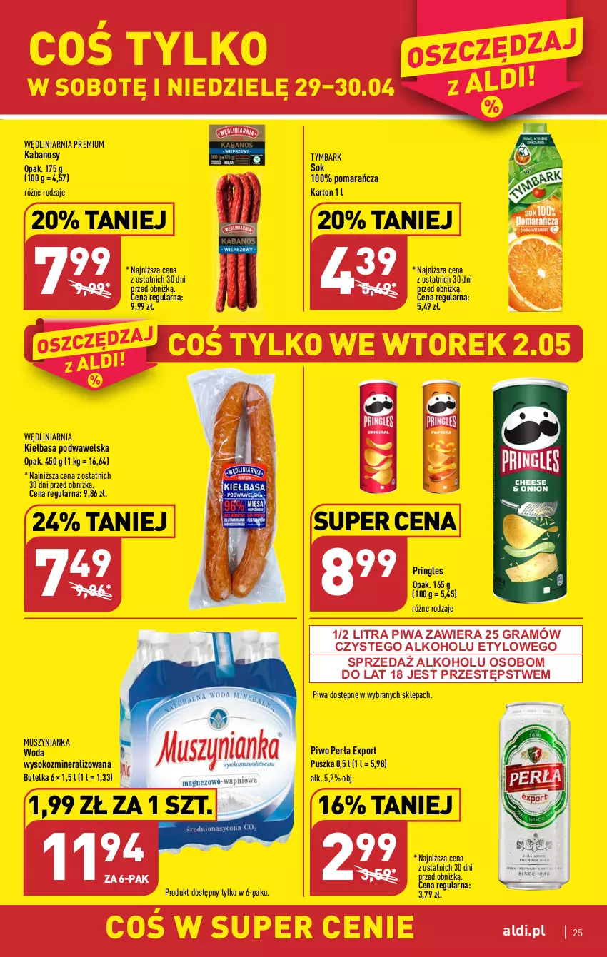 Gazetka promocyjna Aldi - Pełen katalog - ważna 24.04 do 02.05.2023 - strona 25 - produkty: Gra, Kabanos, Kiełbasa, Kiełbasa podwawelska, Mus, Muszynianka, Perła, Piwa, Piwo, Por, Pringles, Sok, Tymbark, Wawel, Woda