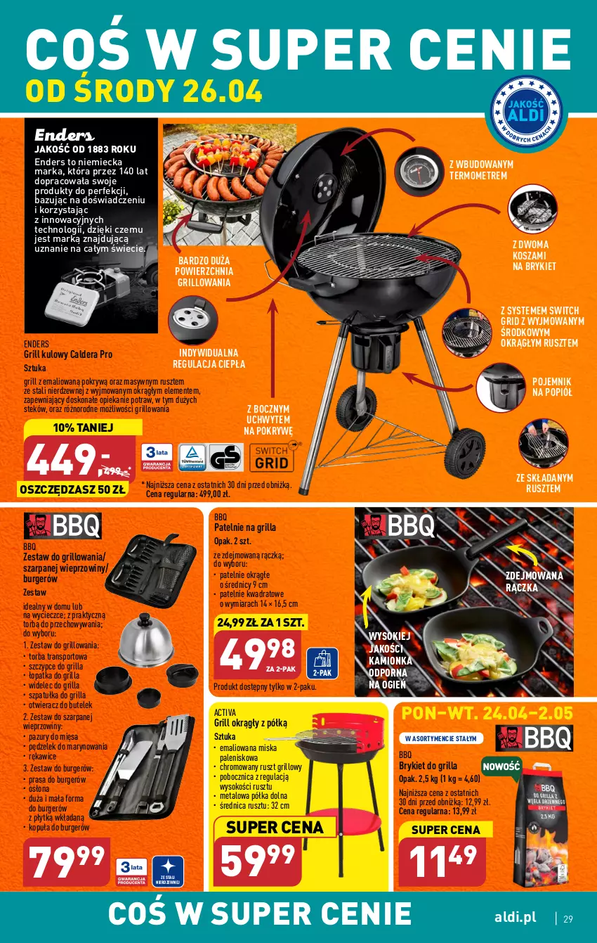 Gazetka promocyjna Aldi - Pełen katalog - ważna 24.04 do 02.05.2023 - strona 29 - produkty: Burger, GRID, Grill, Kosz, Miska, Otwieracz, Palenisko, Pojemnik, Półka, Por, Rękawice, Sok, Sport, Stek, Szczypce, Szpatułka, Termometr, Torba, Tran, Widelec