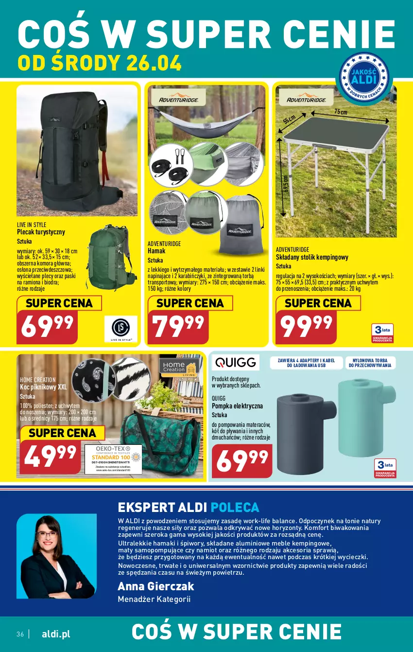 Gazetka promocyjna Aldi - Pełen katalog - ważna 24.04 do 02.05.2023 - strona 36 - produkty: Hama, Koc, Materac, Meble, Mop, Namiot, Piwo, Plecak, Pompka, Por, Sok, Sport, Stolik, Tera, Torba, Tran