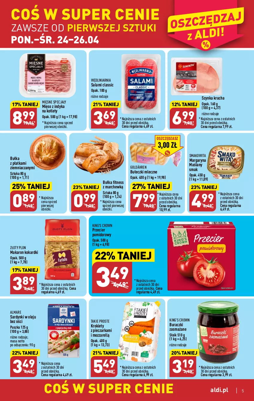 Gazetka promocyjna Aldi - Pełen katalog - ważna 24.04 do 02.05.2023 - strona 5 - produkty: Bułeczki, Bułeczki mleczne, Bułka, Bułka fitness, Buraczki, Kotlet, Krokiety, Makaron, Margaryna, Mięsne specjały, Mięso, Mięso z indyka, Olej, Piec, Pieczarka, Salami, Sardynki, Smakowita, Sok, Sokołów, Szynka, Złoty Plon