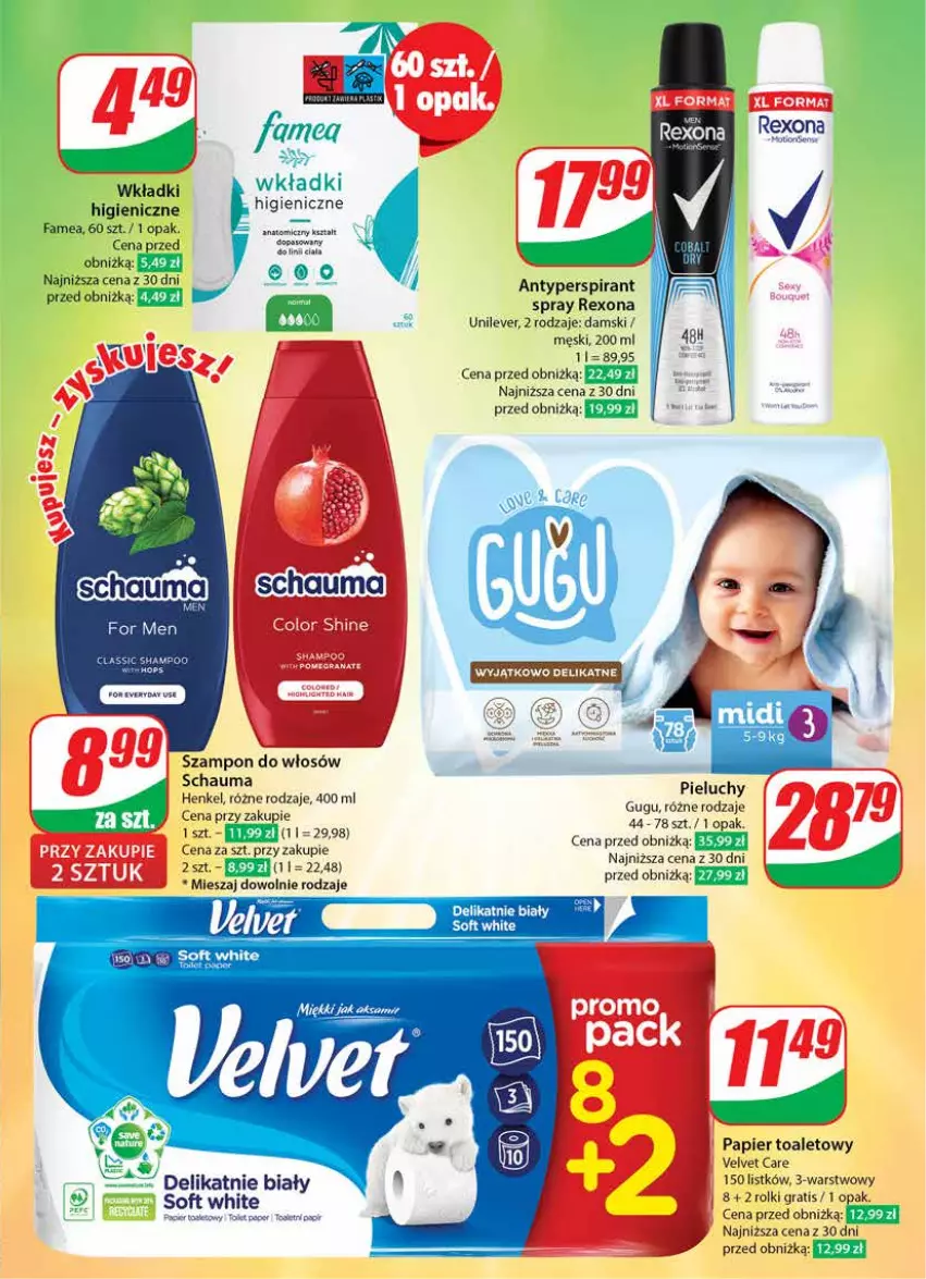 Gazetka promocyjna Dino - Gazetka 33 / 2024 - ważna 14.08 do 20.08.2024 - strona 61 - produkty: Antyperspirant, Fa, Gra, Papier, Papier toaletowy, Pieluchy, Por, Rexona, Rolki, Schauma, Szampon, Velvet, Wkładki