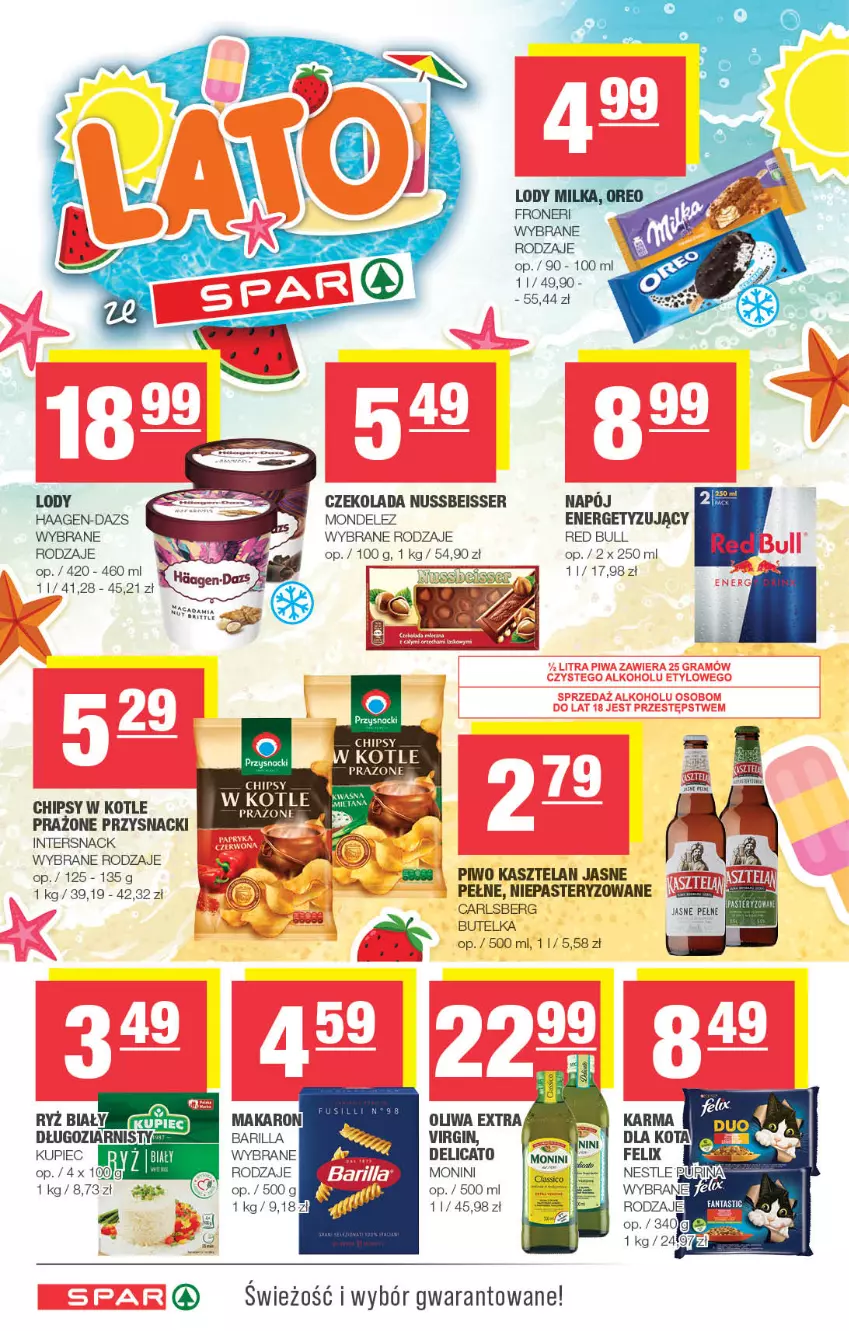 Gazetka promocyjna Spar - Spar - ważna 16.07 do 26.07.2023 - strona 6 - produkty: Carlsberg, Chipsy, Czekolada, Gin, Kasztelan, Kupiec, Lody, Monini, Piec, Piwo, Przysnacki, Red Bull, Ryż, Ryż biały, Ser