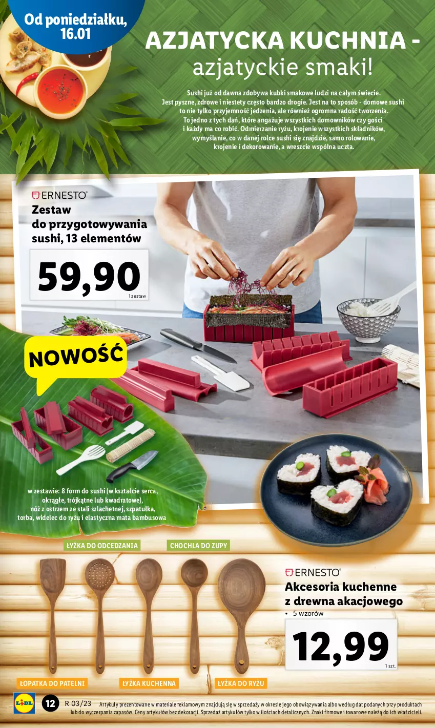 Gazetka promocyjna Lidl - GAZETKA - ważna 16.01 do 21.01.2023 - strona 12 - produkty: Kuchnia, Mata bambusowa, Ryż, Ser, Sushi, Szpatułka, Torba, Widelec