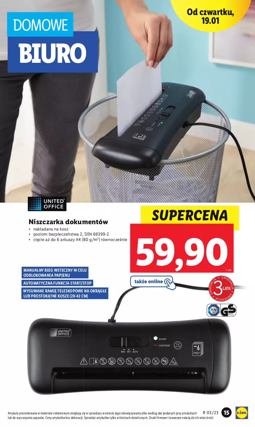 Gazetka promocyjna Lidl - GAZETKA - ważna 16.01 do 21.01.2023 - strona 15 - produkty: Biuro, Kosz, Niszczarka, Papier, Piec, Teleskop, Top