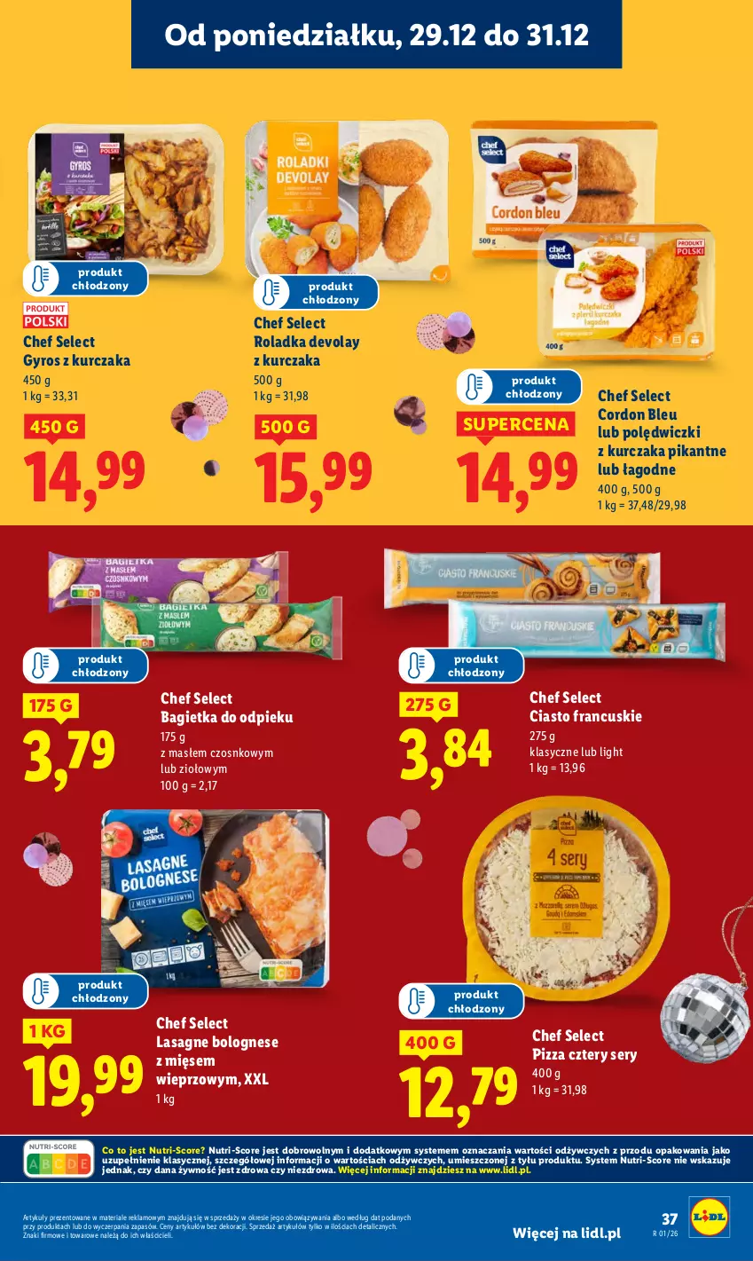 Gazetka promocyjna Lidl - GAZETKA - ważna 29.12 do 31.12.2025 - strona 37 - produkty: Bagietka, Ciasto francuskie, Cordon Bleu, Gyros, Kurczak, Lasagne, Lasagne bolognese, Pizza, Pizza cztery sery, Polędwiczki z kurczaka, Ser