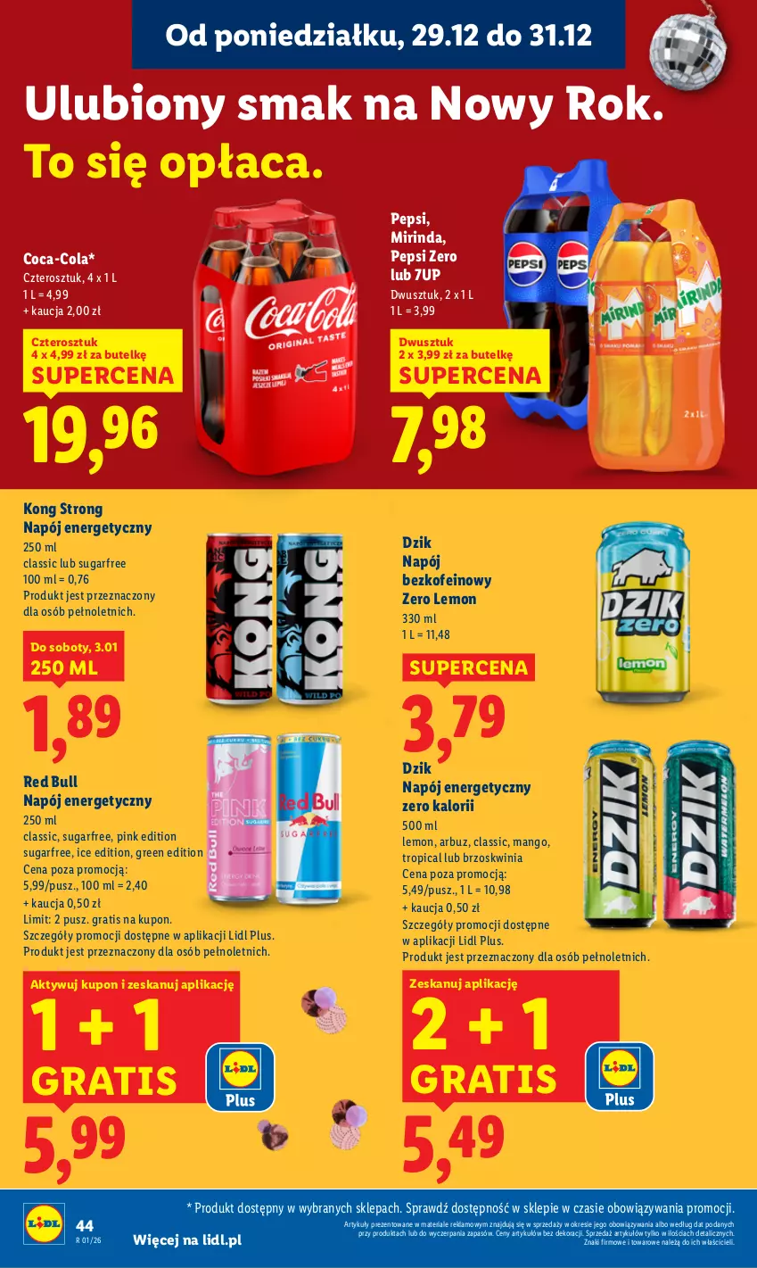 Gazetka promocyjna Lidl - GAZETKA - ważna 29.12 do 31.12.2025 - strona 44 - produkty: 7up, Arbuz, Coca-Cola, Gra, Mango, Mirinda, Napój, Napój energetyczny, Pepsi, Red Bull, Tropical