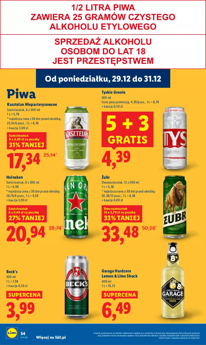 Gazetka promocyjna Lidl - GAZETKA - ważna 29.12 do 31.12.2025 - strona 54 - produkty: Gra, Heineken, Kasztelan, Piwa, Tyskie