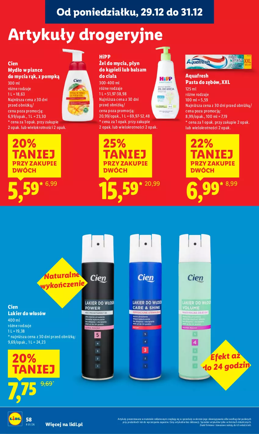 Gazetka promocyjna Lidl - GAZETKA - ważna 29.12 do 31.12.2025 - strona 58 - produkty: Aquafresh, Balsam do ciała, HiPP, Lakier, Lakier do włosów, Mydło, Pasta do zębów, Płyn do kąpieli