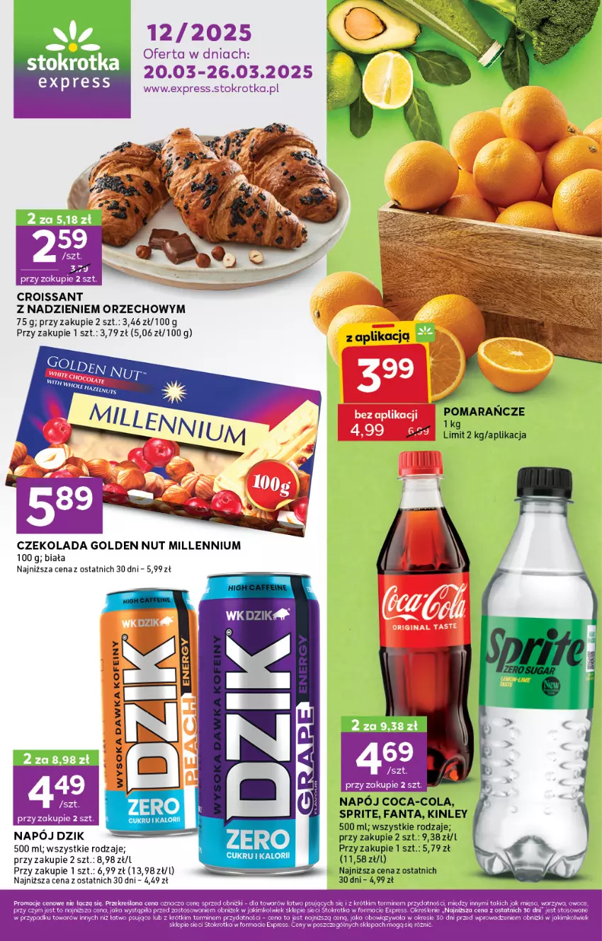 Gazetka promocyjna Stokrotka - Stokrotka Express - ważna 20.03 do 26.03.2025 - strona 1 - produkty: Coca-Cola, Croissant, Czekolada, Fa, Fanta, Mięso, Napój, Owoce, Pomarańcze, Sprite, Warzywa