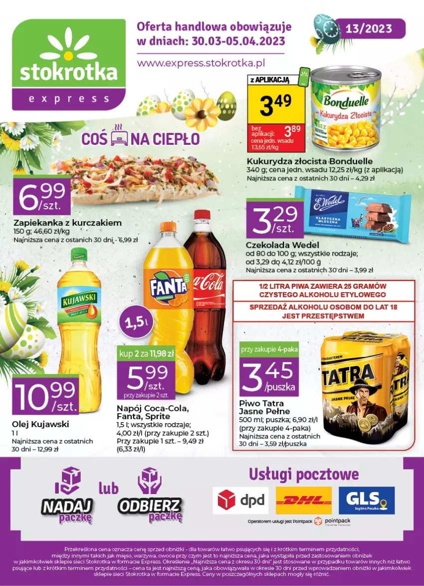 Gazetka promocyjna Stokrotka - Stokrotka Express - ważna 30.03 do 05.04.2023 - strona 1 - produkty: Coca-Cola, Czekolada, Fa, Fanta, Gra, Kujawski, Kukurydza, Kurczak, Napój, Olej, Piwa, Piwo, Sprite, Tatra, Zapiekanka