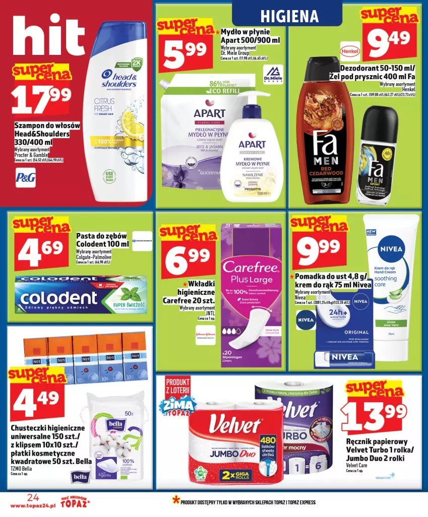 Gazetka promocyjna Topaz - Gazetka - ważna 08.01 do 14.01.2026 - strona 24 - produkty: Bell, Bella, Carefree, Chusteczki, Colgate, Dezodorant, Fa, Krem do rąk, LG, Mydło, Mydło w płynie, Nivea, Palmolive, Papier, Pasta do zębów, Płatki kosmetyczne, Ręcznik, Szampon, Top, Wkładki