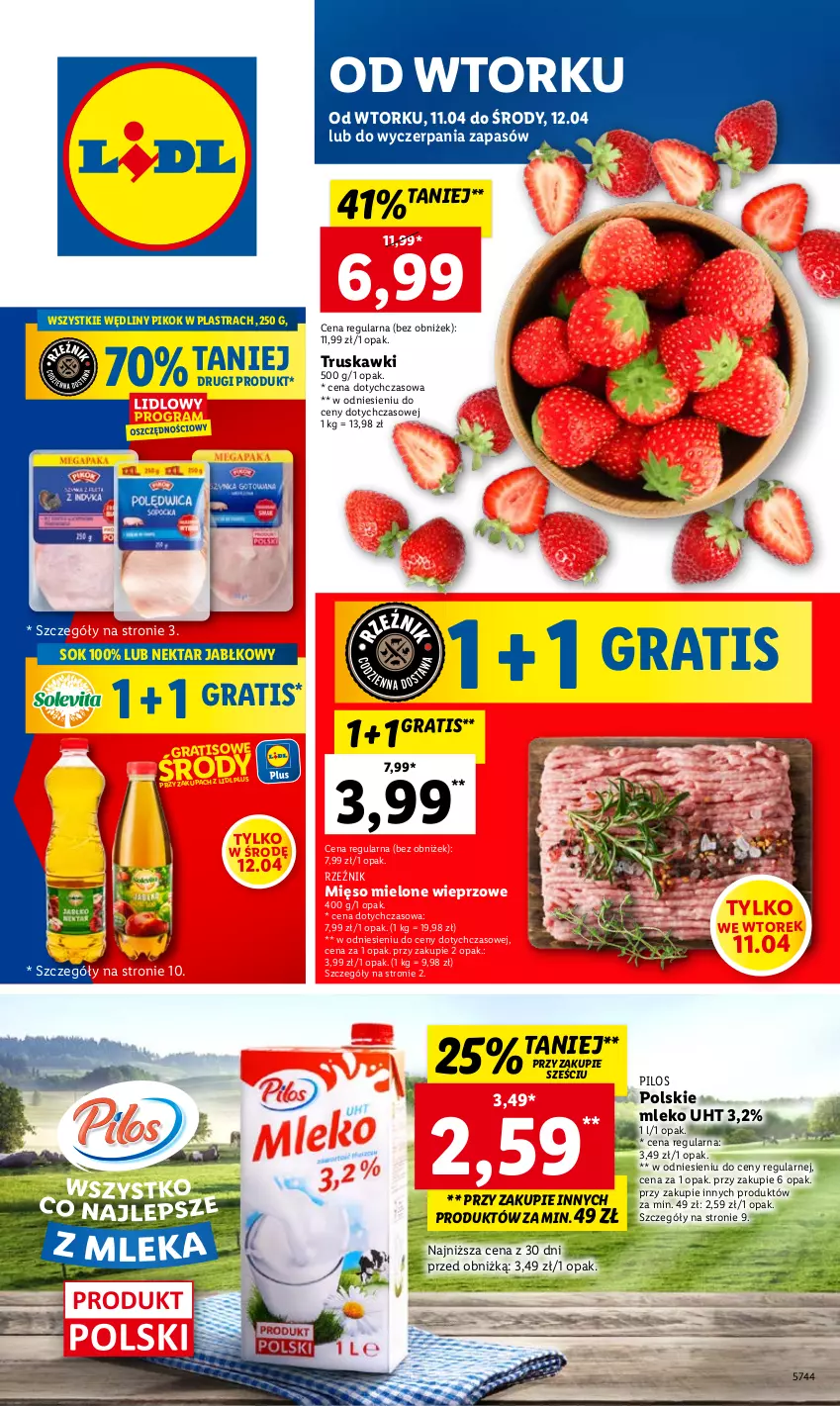 Gazetka promocyjna Lidl - GAZETKA - ważna 11.04 do 12.04.2023 - strona 1 - produkty: Gra, Mięso, Mięso mielone, Mleko, Nektar, PIKOK, Pilos, Sok, Truskawki