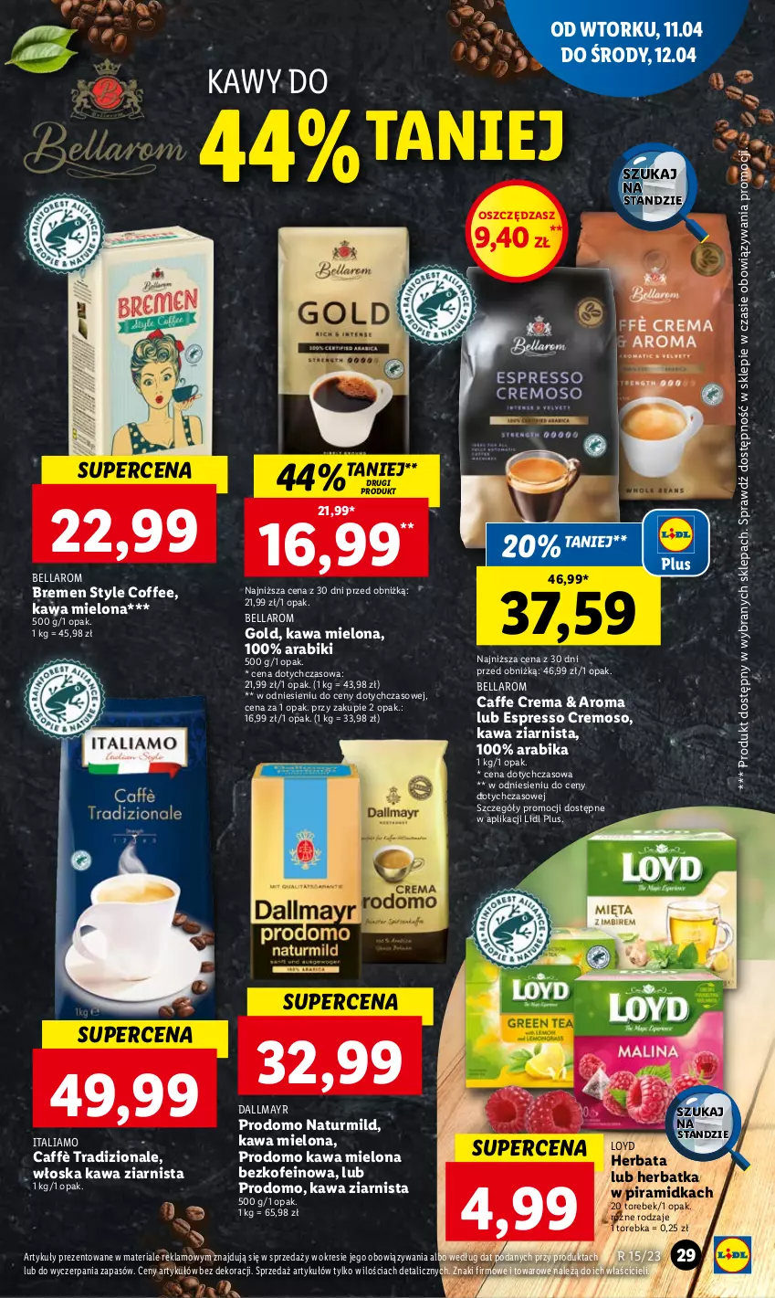 Gazetka promocyjna Lidl - GAZETKA - ważna 11.04 do 12.04.2023 - strona 33 - produkty: Bell, Bella, Dallmayr, Herbata, Kawa, Kawa mielona, Kawa ziarnista, Loyd, Torebka