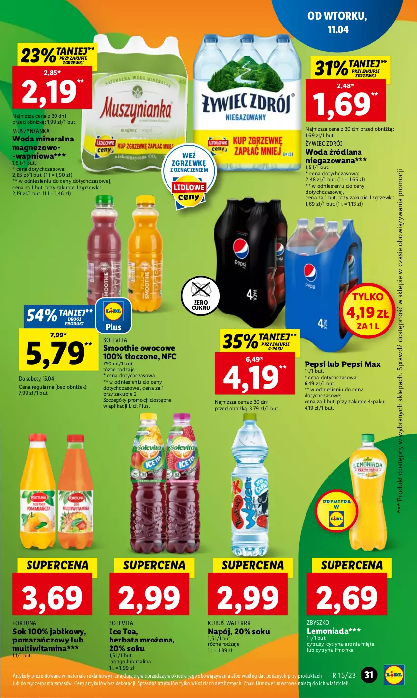 Gazetka promocyjna Lidl - GAZETKA - ważna 11.04 do 12.04.2023 - strona 35 - produkty: Aronia, Fortuna, Herbata, Ice tea, Kubuś, Kubuś Waterrr, LANA, Lemoniada, Limonka, Magnez, Mango, Mięta, Mus, Muszynianka, Napój, Pepsi, Pepsi max, Smoothie, Sok, Woda, Woda mineralna