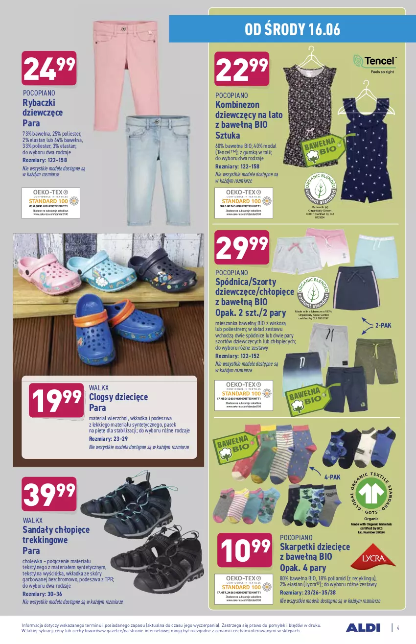 Gazetka promocyjna Aldi - Od Środy i Soboty - ważna 16.06 do 19.06.2021 - strona 4 - produkty: Clogsy, Dzieci, Karp, Kombinezon, Moda, Pasek, Pocopiano, Ryba, Sandał, Skarpetki, Spódnica, Szorty, Wełna