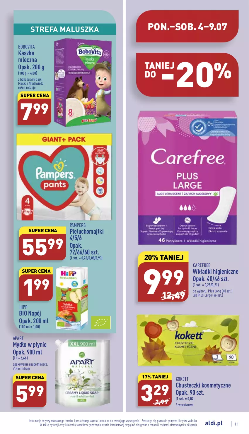 Gazetka promocyjna Aldi - Katalog spożywczy - ważna 04.07 do 09.07.2022 - strona 11 - produkty: BoboVita, Carefree, Chusteczki, Chusteczki kosmetyczne, Fa, HiPP, Majtki, Masza i Niedźwiedź, Mydło, Mydło w płynie, Napój, Pampers, Pieluchomajtki, Tera, Wkładki