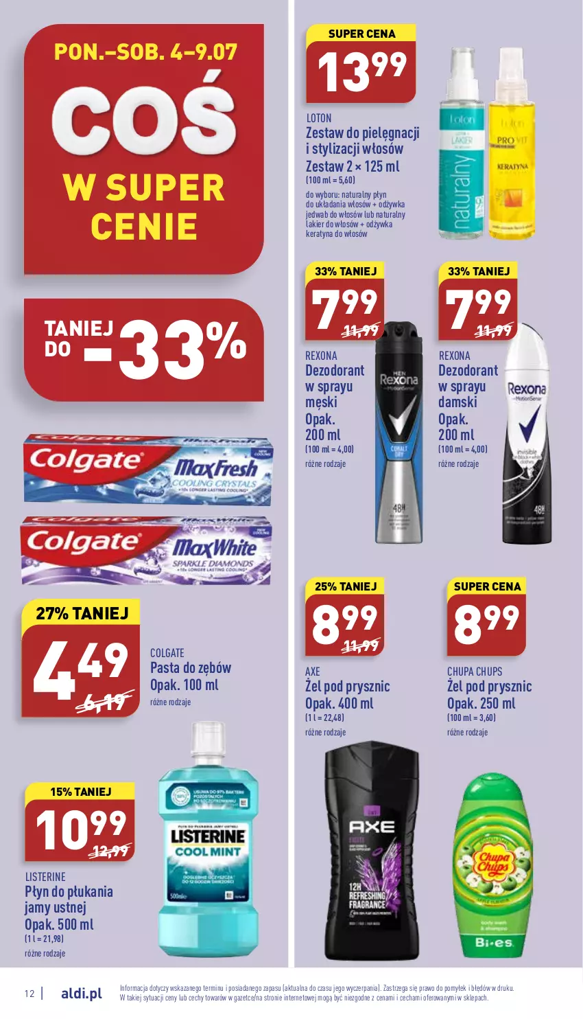 Gazetka promocyjna Aldi - Katalog spożywczy - ważna 04.07 do 09.07.2022 - strona 12 - produkty: Chupa Chups, Colgate, Dezodorant, Lakier, Lakier do włosów, LG, Listerine, Odżywka, Pasta do zębów, Płyn do płukania, Płyn do płukania jamy ustnej, Rexona