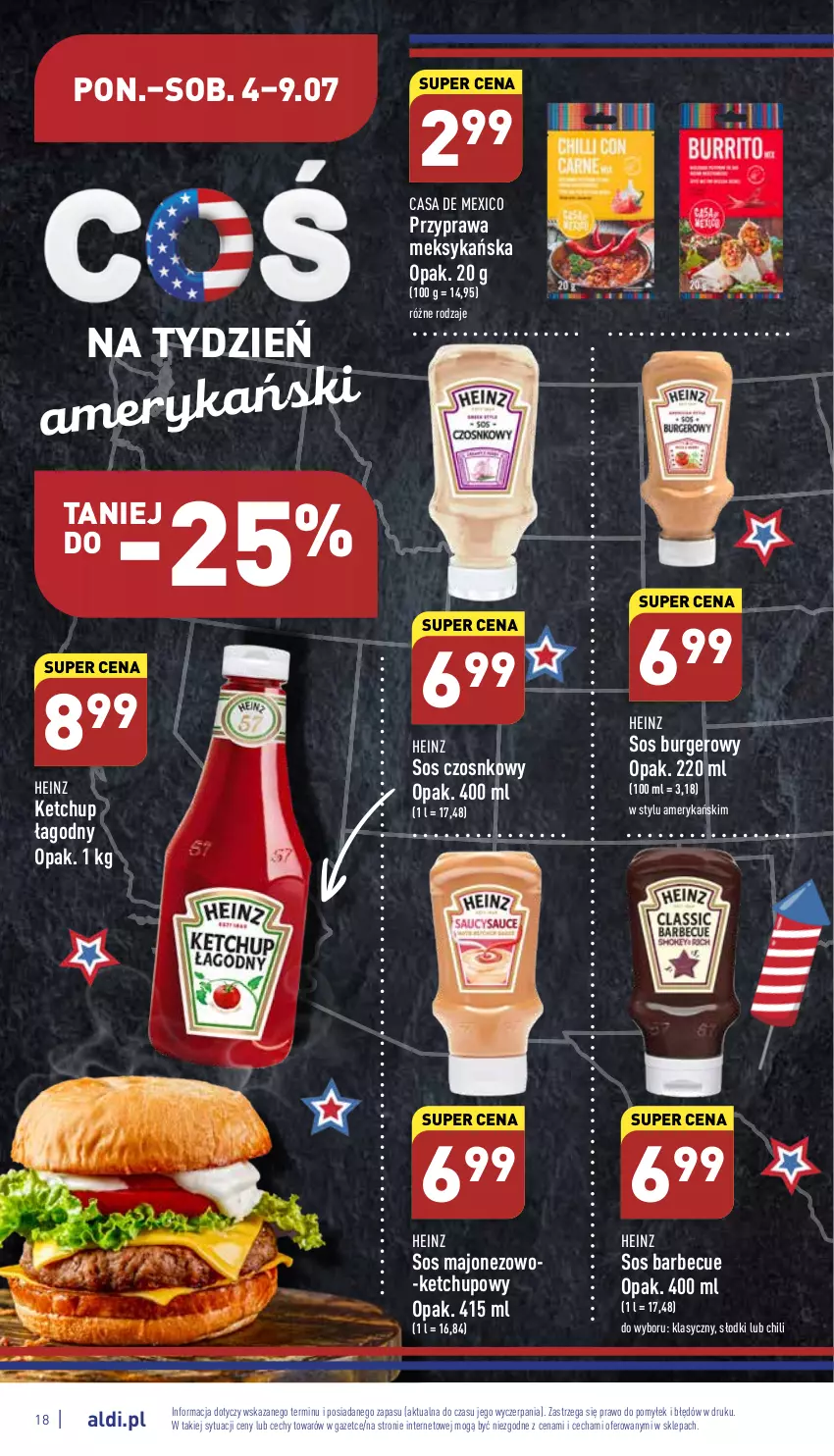 Gazetka promocyjna Aldi - Katalog spożywczy - ważna 04.07 do 09.07.2022 - strona 18 - produkty: Burger, Heinz, Ketchup, Majonez, Sos, Sos czosnkowy