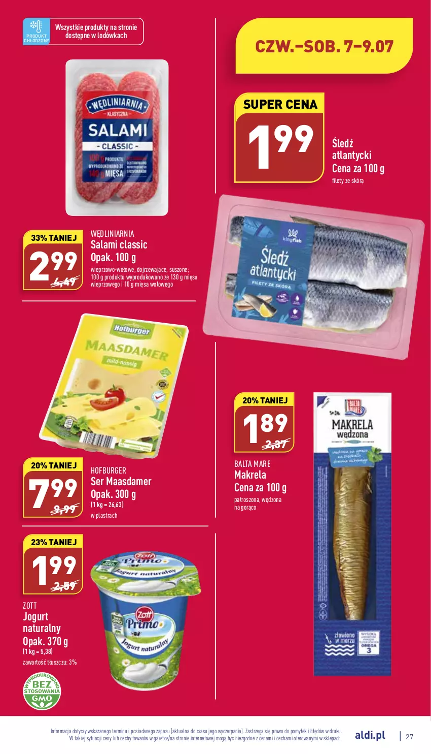 Gazetka promocyjna Aldi - Katalog spożywczy - ważna 04.07 do 09.07.2022 - strona 27 - produkty: Balta Mare, Burger, Hofburger, Jogurt, Jogurt naturalny, Lodówka, Maasdam, Salami, Ser, Zott