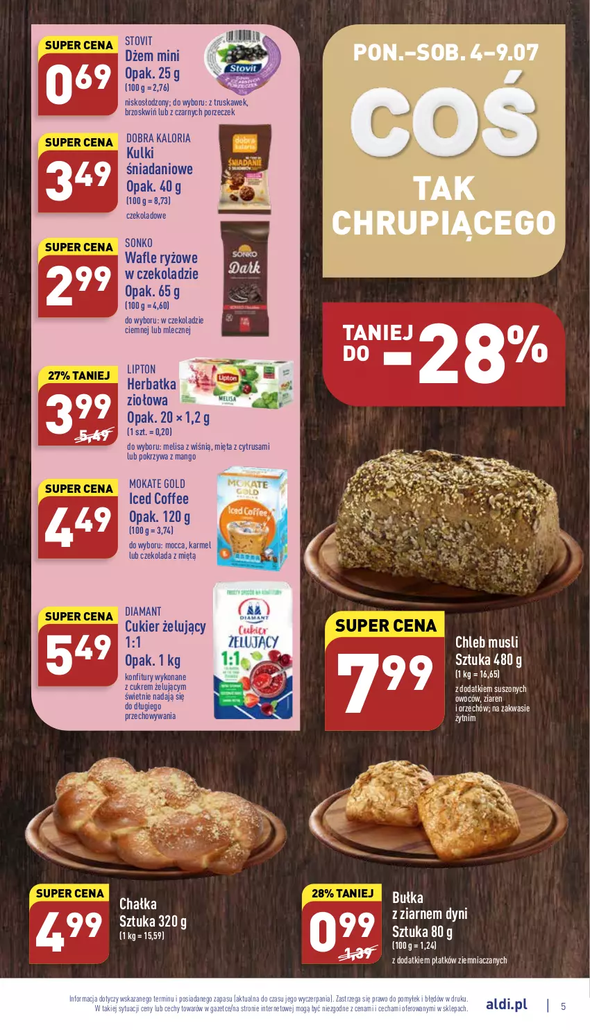 Gazetka promocyjna Aldi - Katalog spożywczy - ważna 04.07 do 09.07.2022 - strona 5 - produkty: Bułka, Chleb, Cukier, Czekolada, Danio, Diamant, Dżem, Lipton, Mango, Mięta, Mus, Por, Ryż, Sonko, Wafle