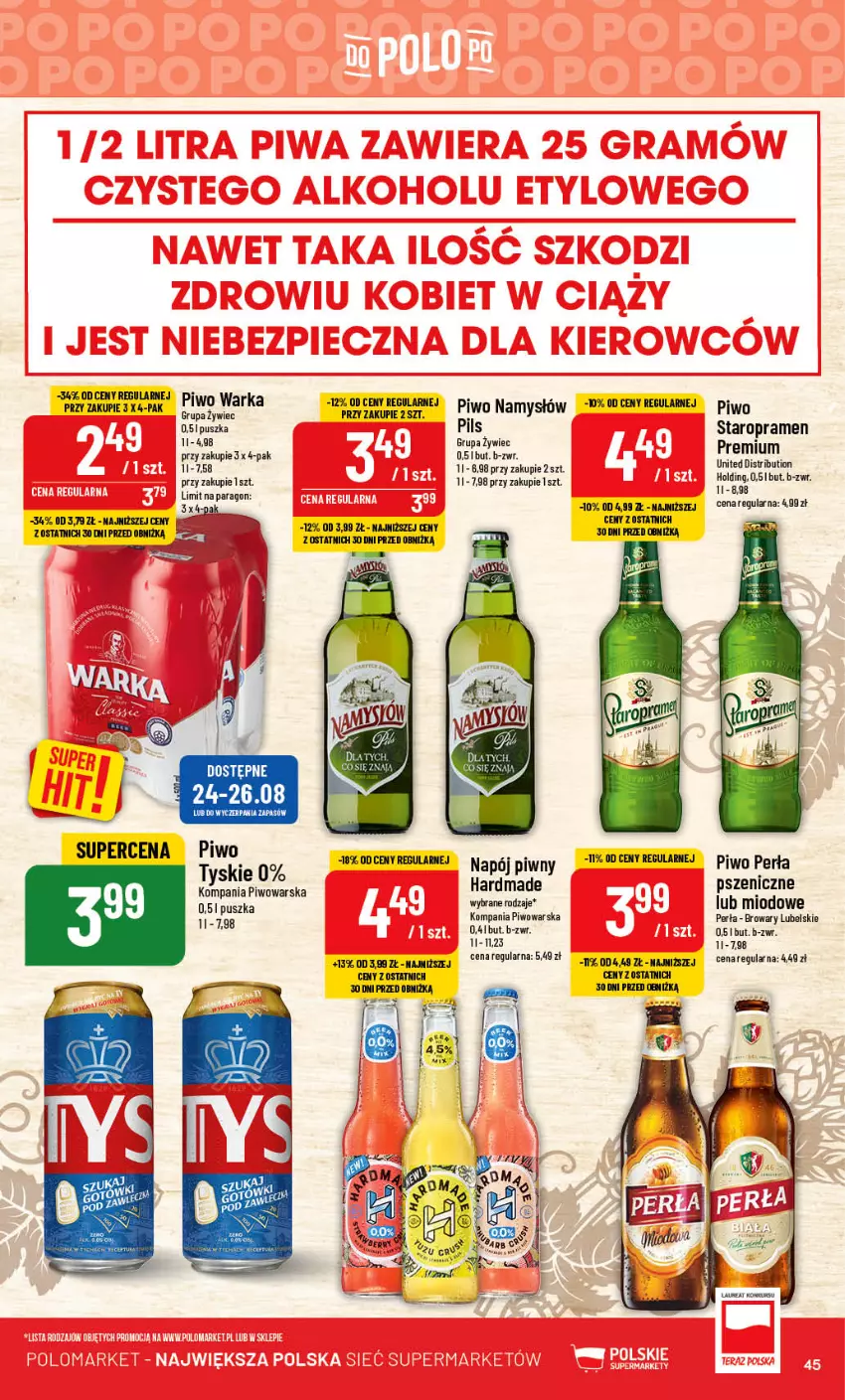 Gazetka promocyjna PoloMarket - Gazetka pomocyjna - ważna 23.08 do 29.08.2023 - strona 45 - produkty: Napój, Perła, Piwo, Tyskie, Warka