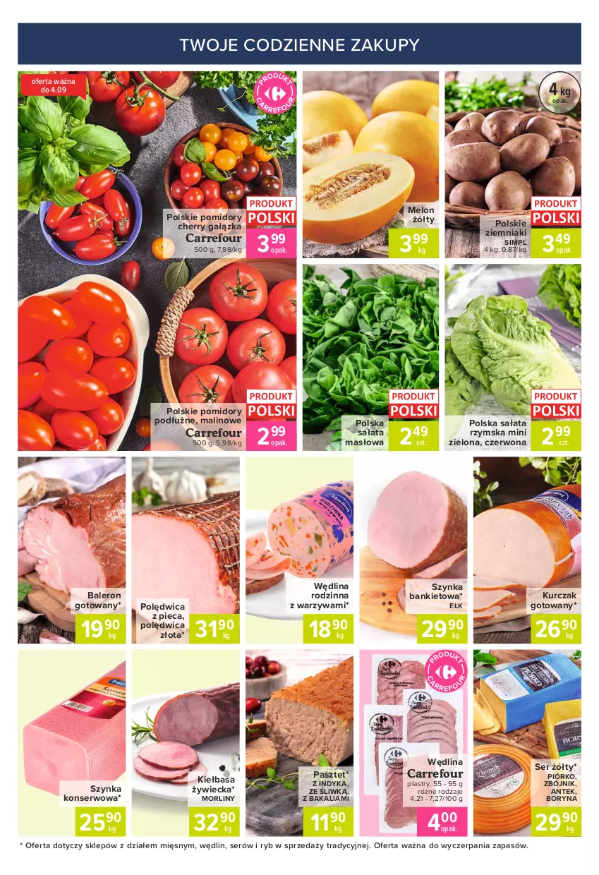 Gazetka promocyjna Carrefour - Gazetka Express - ważna 30.08 do 06.09.2021 - strona 5 - produkty: Kiełbasa, Kurczak, Kurczak gotowany, Masło, Melon, Morliny, Pasztet, Piec, Polędwica, Pomidory, Sałat, Sałata masłowa, Ser, Szynka, Szynka konserwowa, Warzywa, Wędlina, Ziemniaki