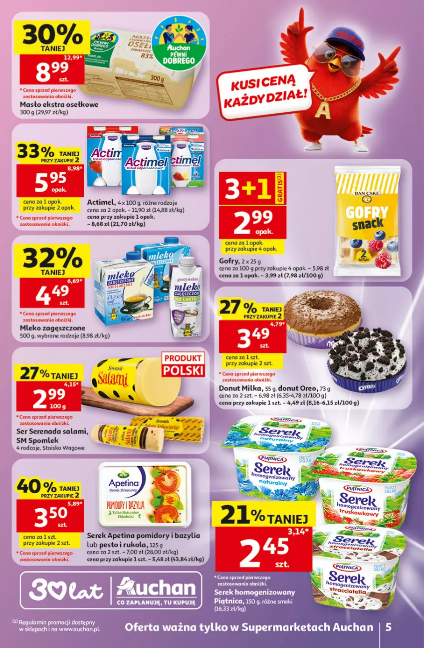 Gazetka promocyjna Auchan - Gazetka 30 Lat Supermarket Auchan - ważna 28.05 do 03.06.2026 - strona 5 - produkty: Actimel, Bazyl, Bazylia, Dan Cake, Donut, Gofry, Masło, Milka, Mleko, Mleko zagęszczone, Oreo, Pesto, Piątnica, Pomidory, Rukola, Salami, Ser, Serek, Serek homogenizowany