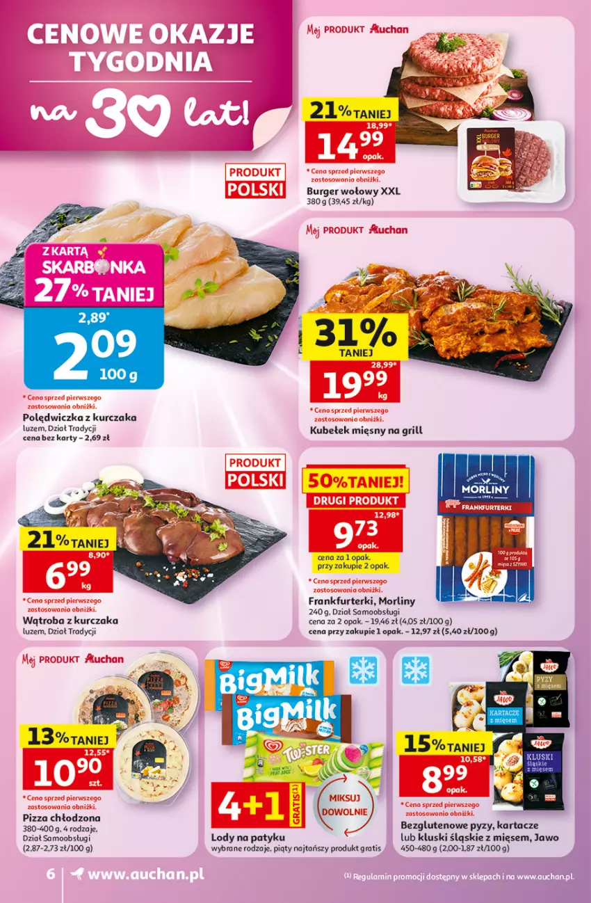 Gazetka promocyjna Auchan - Gazetka 30 Lat Supermarket Auchan - ważna 28.05 do 03.06.2026 - strona 6 - produkty: Burger, Frankfurterki, Gra, Grill, Kurczak, Lody, Morliny, Pizza