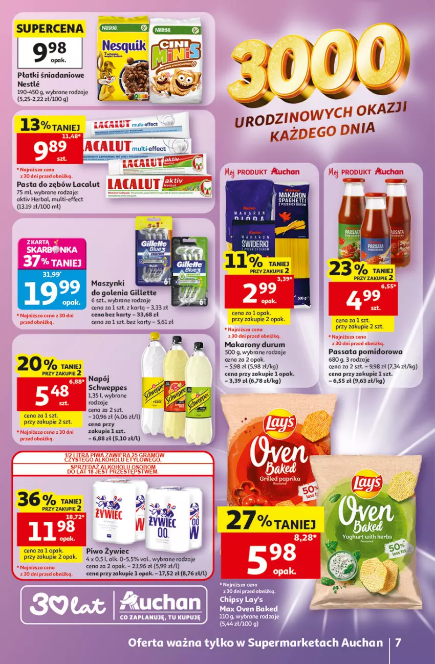Gazetka promocyjna Auchan - Gazetka 30 Lat Supermarket Auchan - ważna 28.05 do 03.06.2026 - strona 7 - produkty: Chipsy, Danio, Gillette, Lacalut, Makaron, Pasta do zębów, Piwo, Rum