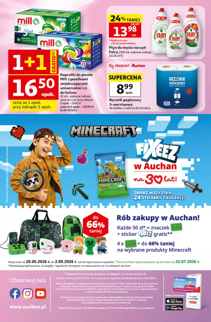 Gazetka promocyjna Auchan - Gazetka 30 Lat Supermarket Auchan - ważna 28.05 do 03.06.2026 - strona 8 - produkty: Do mycia naczyń, Fa, Fairy, Gra, Kapsułki do prania, Minecraft, Papier, Płyn do mycia, Płyn do mycia naczyń, Ręcznik, Rolki