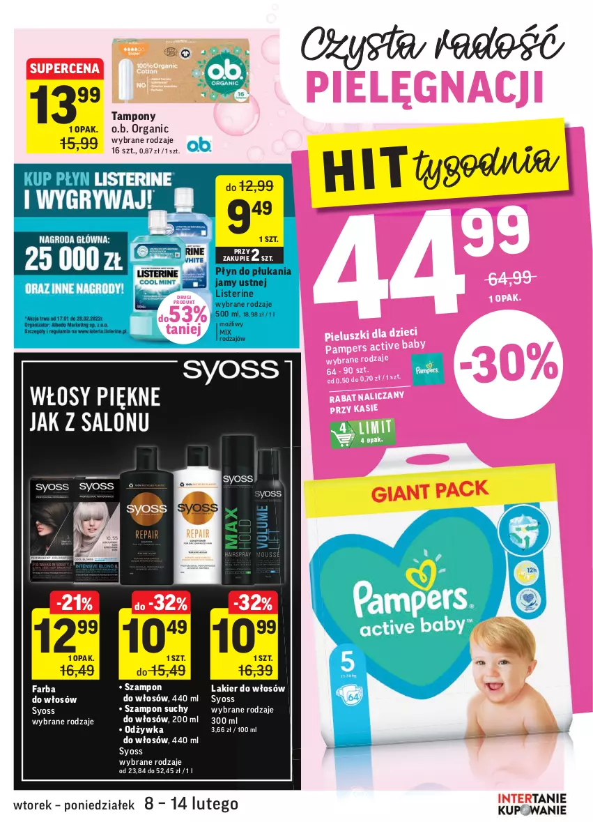 Gazetka promocyjna Intermarche - Gazetka promocyjna - ważna 08.02 do 14.02.2022 - strona 35 - produkty: Fa, Farba do włosów, Lakier, Lakier do włosów, Listerine, O.B., Odżywka, Pampers, Płyn do płukania, Płyn do płukania jamy ustnej, Syoss, Szampon, Tampony