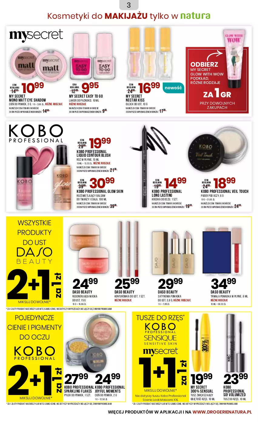 Gazetka promocyjna Drogerie Natura - Gazetka Drogerie Natura - ważna 23.04 do 05.05.2025 - strona 3 - produkty: Cień, KOBO, Konturówka do ust, Kredka, Lakier, Lakier do paznokci, Makijaż, Maska, Moments, Olej, Podkład, Puder, Regenerująca maska, Sensual, Tusz