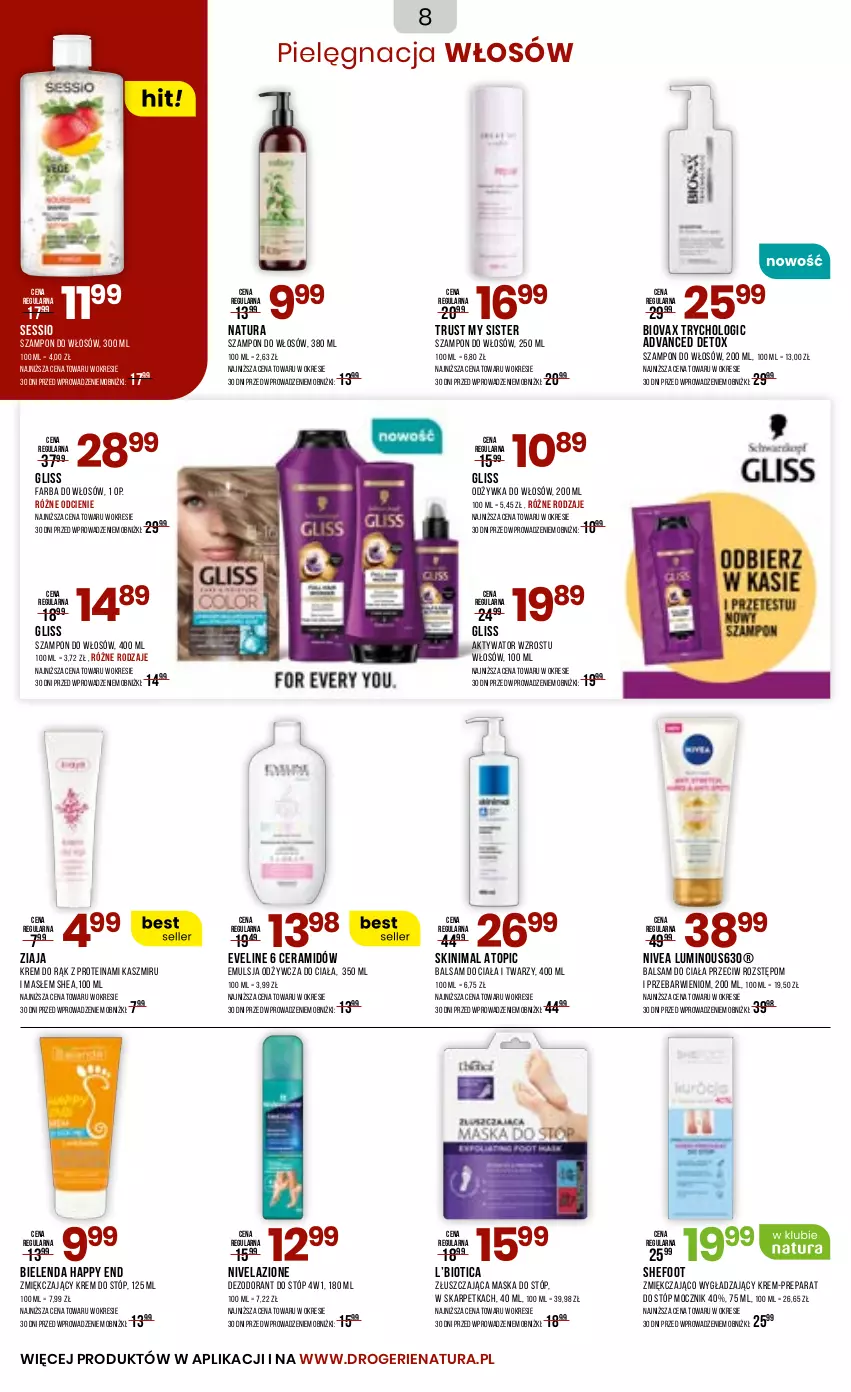 Gazetka promocyjna Drogerie Natura - Gazetka Drogerie Natura - ważna 23.04 do 05.05.2025 - strona 8 - produkty: Balsam do ciała, Bielenda, Biovax, Dezodorant, Emulsja, Eveline, Fa, Farba do włosów, Karp, Krem do rąk, Krem do stóp, Maska, Maska do stóp, Nivea, Nivelazione, Odżywka, Pielęgnacja włosów, Rust, SESSIO, Szampon, Top, Ziaja