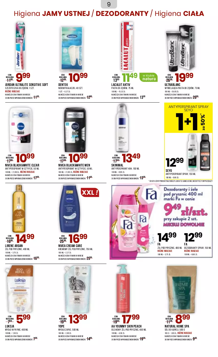Gazetka promocyjna Drogerie Natura - Gazetka Drogerie Natura - ważna 23.04 do 05.05.2025 - strona 9 - produkty: Antyperspirant, Dezodorant, Fa, Higiena jamy ustnej, Lacalut, Lack, Lirene, Luksja, Mydło, Mydło w płynie, Nivea, Olej, Pasta do zębów, Sól, Sól do kąpieli, Szczoteczka, Szczoteczka do zębów, Yope