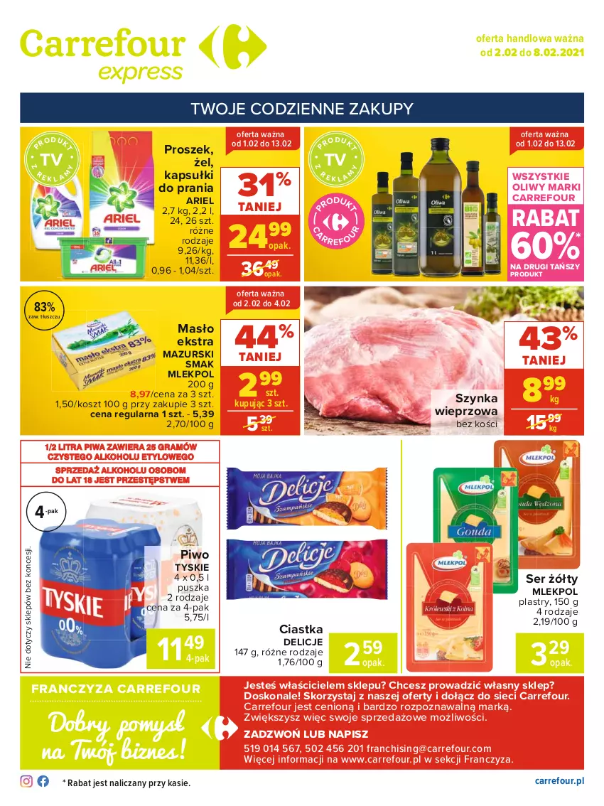 Gazetka promocyjna Carrefour - Gazetka Express - ważna 01.02 do 08.02.2021 - strona 2 - produkty: Ariel, Ciastka, Delicje, Gra, Kapsułki do prania, Kosz, Masło, Piwa, Piwo, Ser, Szynka, Szynka wieprzowa, Tyskie