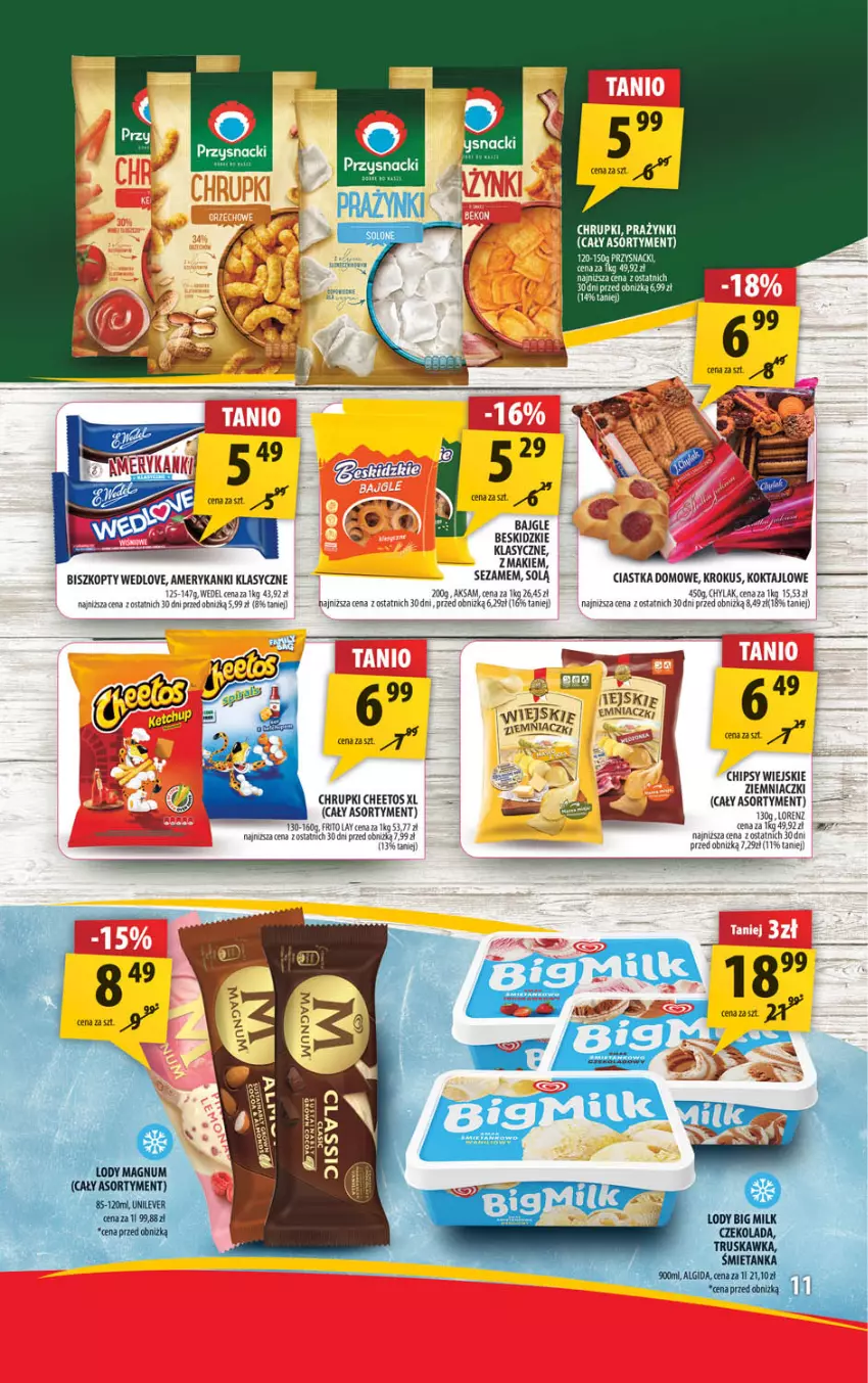 Gazetka promocyjna Arhelan - Gazetka - ważna 27.05 do 09.06.2024 - strona 11 - produkty: Bajgle, Beskidzki, Big Milk, Biszkopty, Cheetos, Chipsy, Chrupki, Ciastka, Fa, Lody, Przysnacki, Sezam