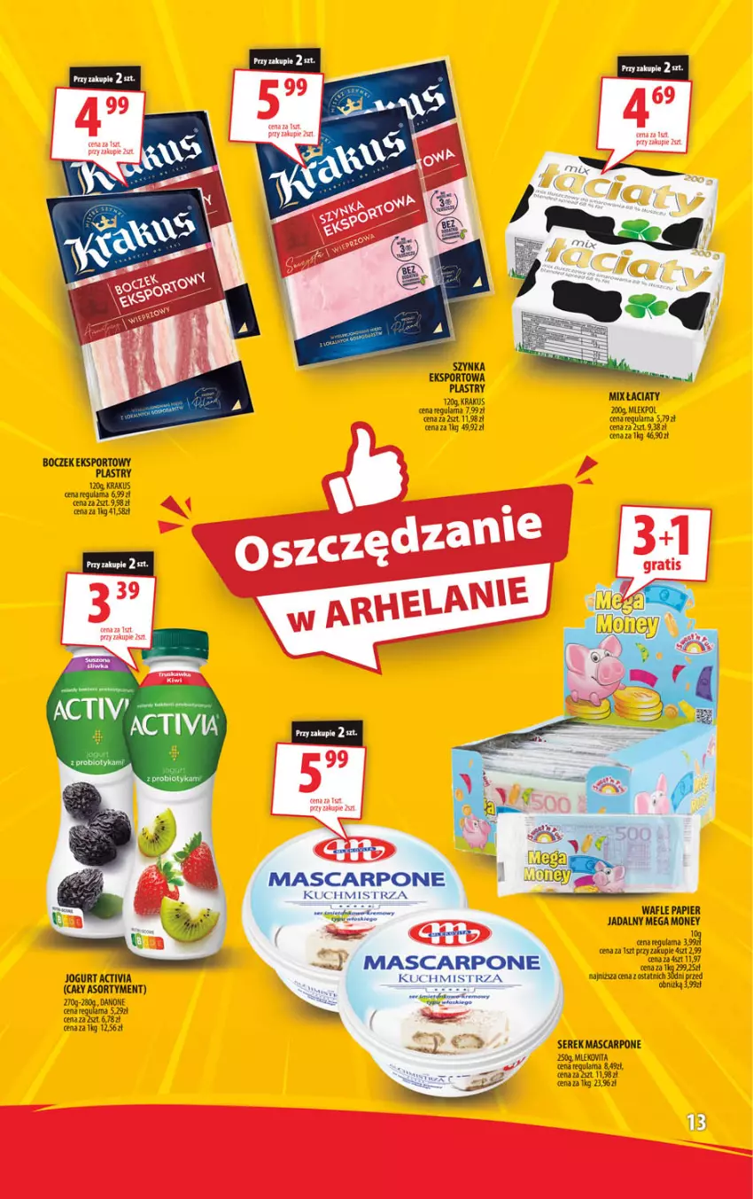 Gazetka promocyjna Arhelan - Gazetka - ważna 27.05 do 09.06.2024 - strona 13 - produkty: Activia, Boczek, Danone, Fa, Jogurt, Krakus, Mascarpone, Mleko, Papier, Por, Ser, Serek, Sport, Szynka, Wafle