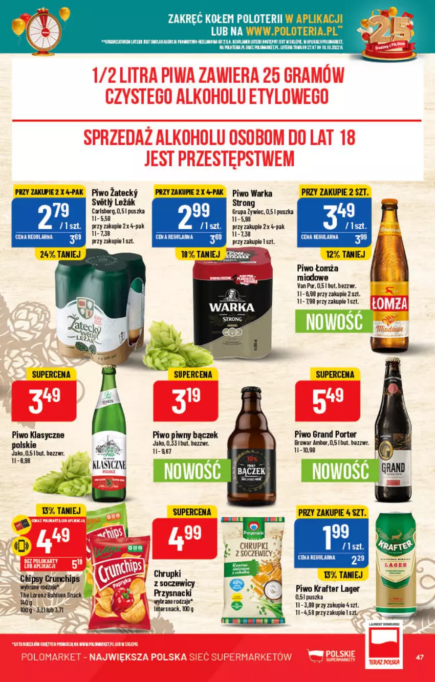 Gazetka promocyjna PoloMarket - Gazetka pomocyjna - ważna 12.10 do 18.10.2022 - strona 47 - produkty: Carlsberg, Chipsy, Chrupki, Crunchips, Gra, Lorenz, Piwo, Por, Przysnacki, Pur, Warka