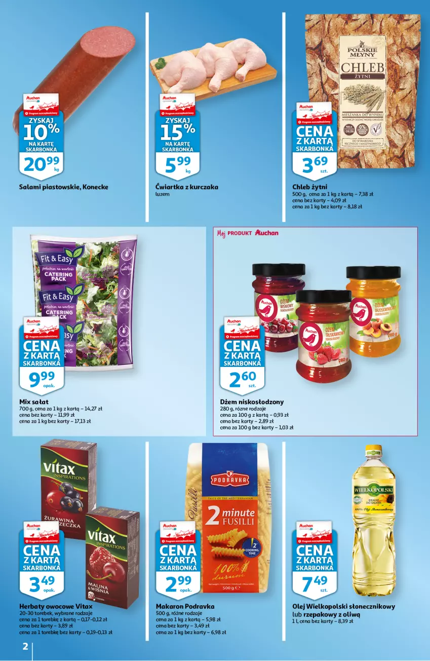 Gazetka promocyjna Auchan - Skarbonka #9 - ważna 03.03 do 09.03.2022 - strona 2 - produkty: Chleb, Dżem, Kurczak, Makaron, Olej, Piast, Podravka, Salami, Sałat, Ser, Vitax