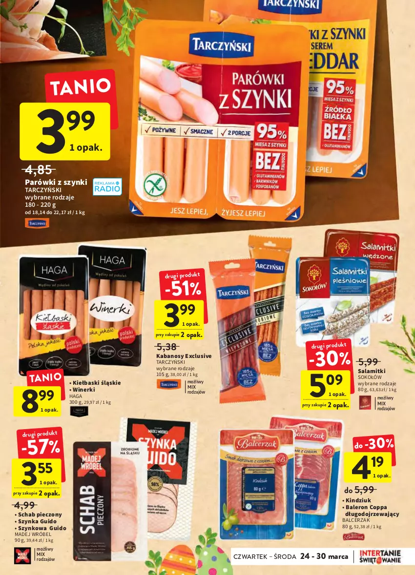 Gazetka promocyjna Intermarche - Wielkanoc - ważna 24.03 do 16.04.2022 - strona 21 - produkty: Kabanos, Kiełbaski śląskie, Kindziuk, Madej Wróbel, Parówki, Parówki z szynki, Piec, Salami, Schab pieczony, Sok, Sokołów, Szynka, Tarczyński