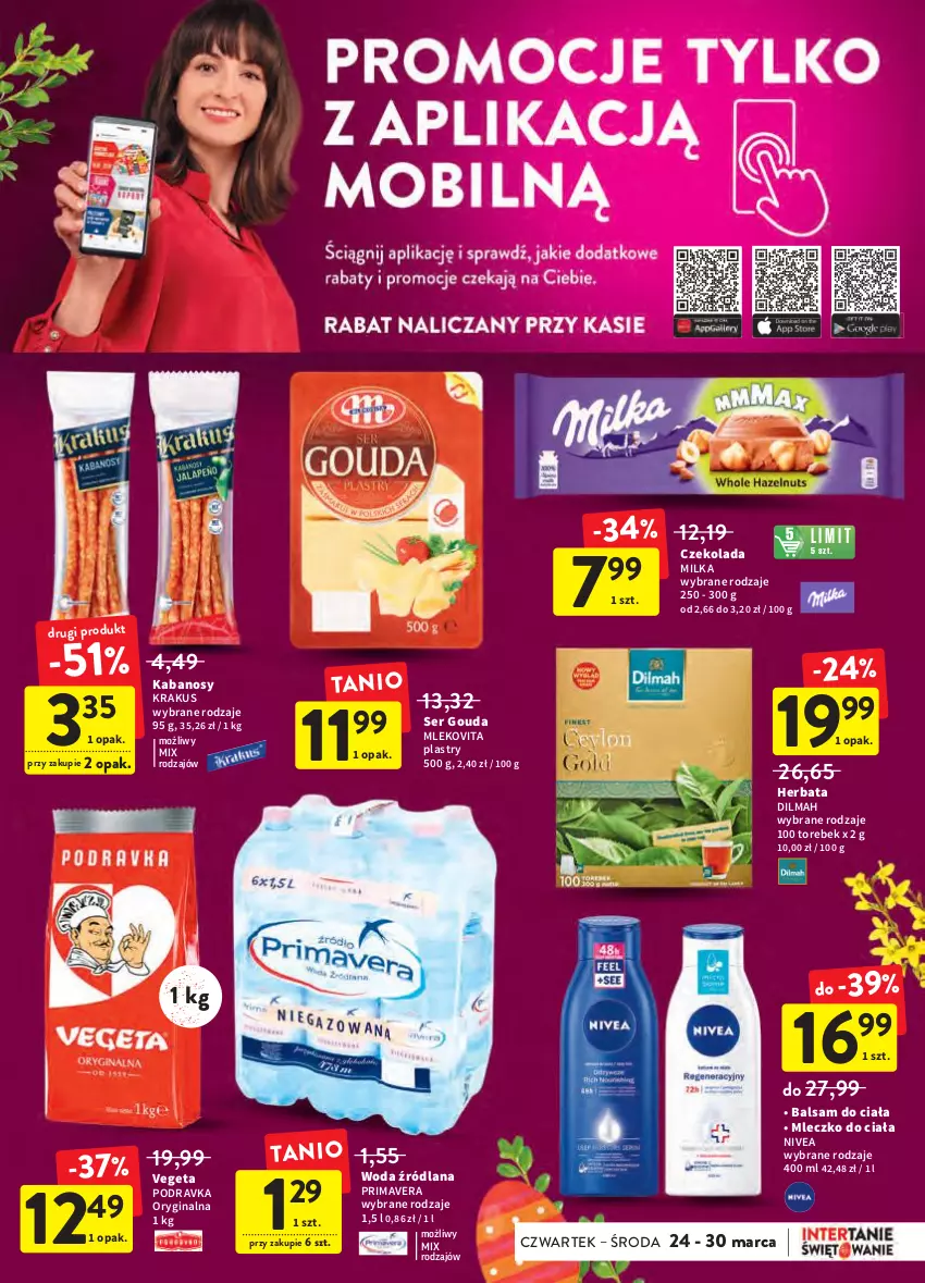 Gazetka promocyjna Intermarche - Wielkanoc - ważna 24.03 do 16.04.2022 - strona 37 - produkty: Balsam do ciała, Czekolada, Dilmah, Gin, Gouda, Herbata, Kabanos, Krakus, LANA, Milka, Mleczko, Mleczko do ciała, Mleko, Mlekovita, Nivea, Podravka, Prima, Primavera, Ser, Vegeta, Woda