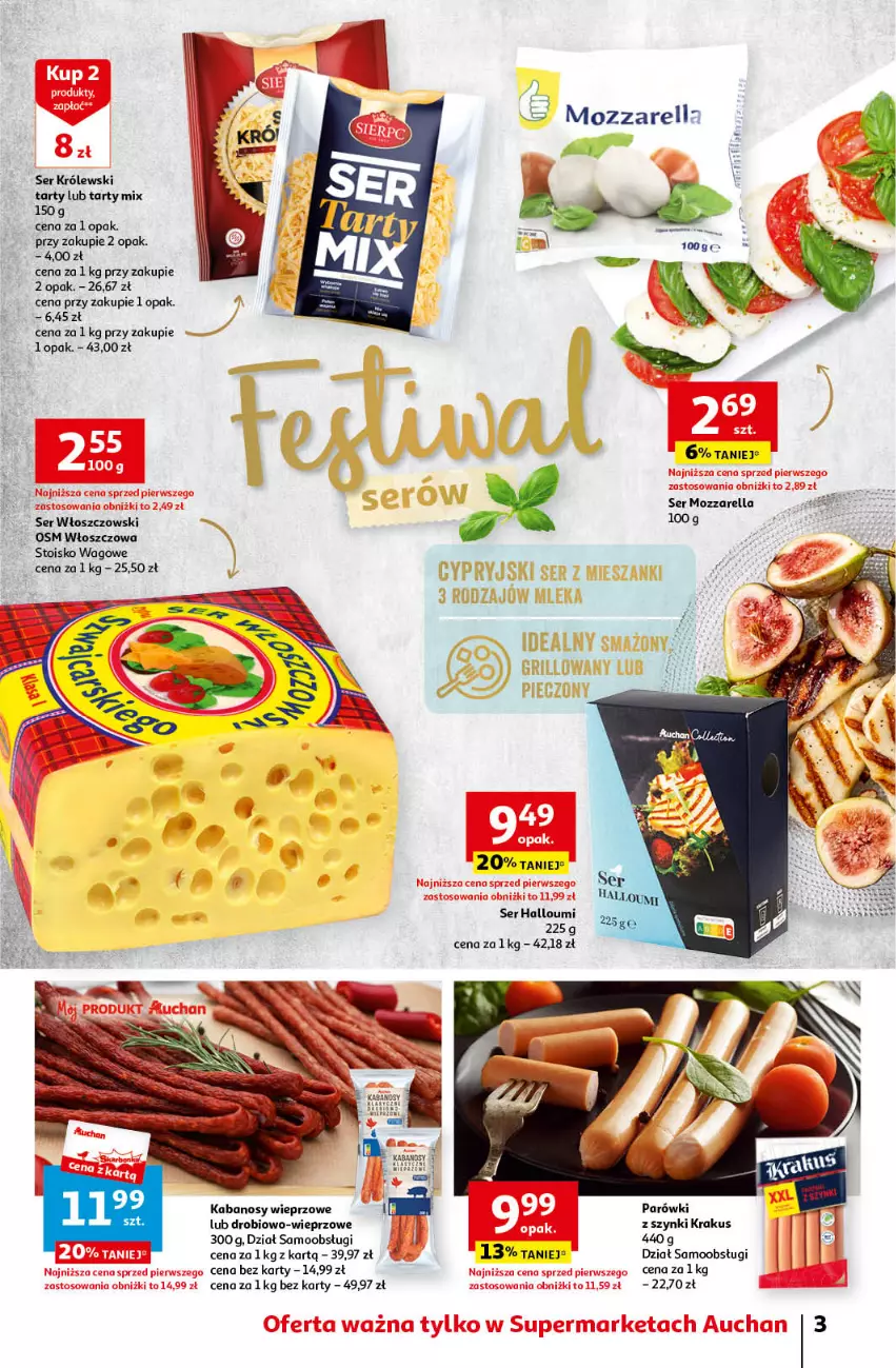 Gazetka promocyjna Auchan - Gazetka Oferta Tygodnia Supermarket Auchan - ważna 29.06 do 05.07.2023 - strona 3 - produkty: Kabanos, Krakus, Królewski, Mozzarella, Ser, Włoszczowski