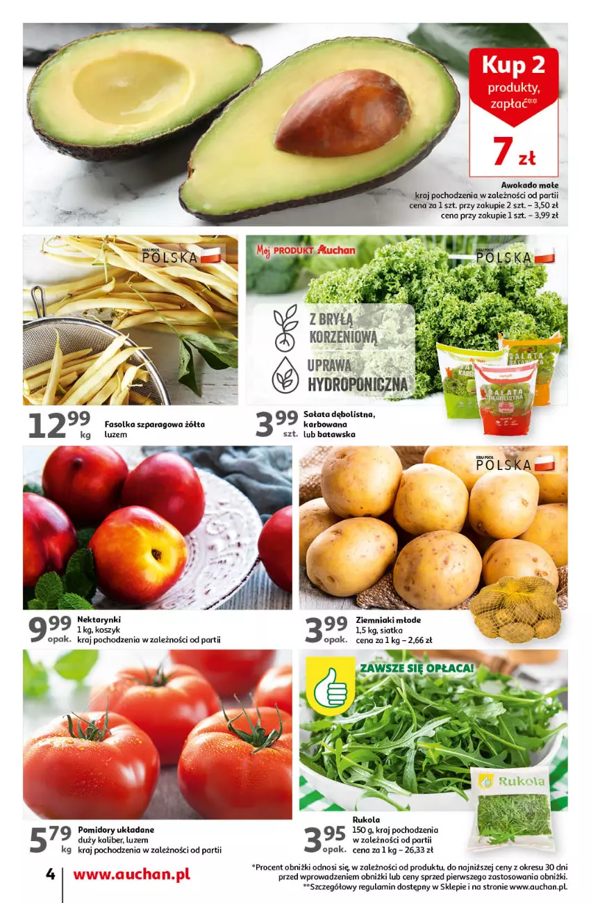 Gazetka promocyjna Auchan - Gazetka Oferta Tygodnia Supermarket Auchan - ważna 29.06 do 05.07.2023 - strona 4 - produkty: Fa, Kosz, Nektar, Pomidory, Rukola, Sałat, Siatka, Ziemniaki