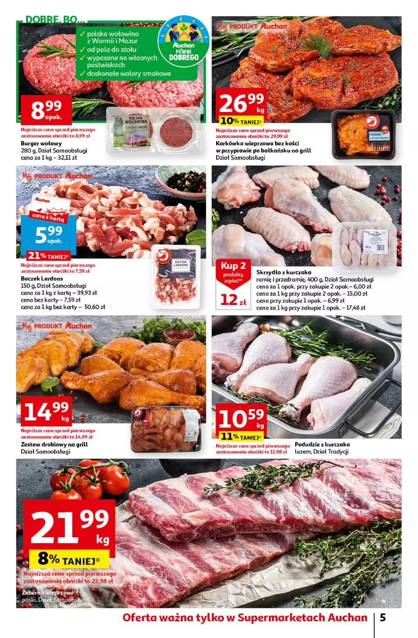 Gazetka promocyjna Auchan - Gazetka Oferta Tygodnia Supermarket Auchan - ważna 29.06 do 05.07.2023 - strona 5 - produkty: Boczek, Burger, Gra, Grill, Karkówka wieprzowa, Kurczak, Podudzie z kurczaka, Wołowina