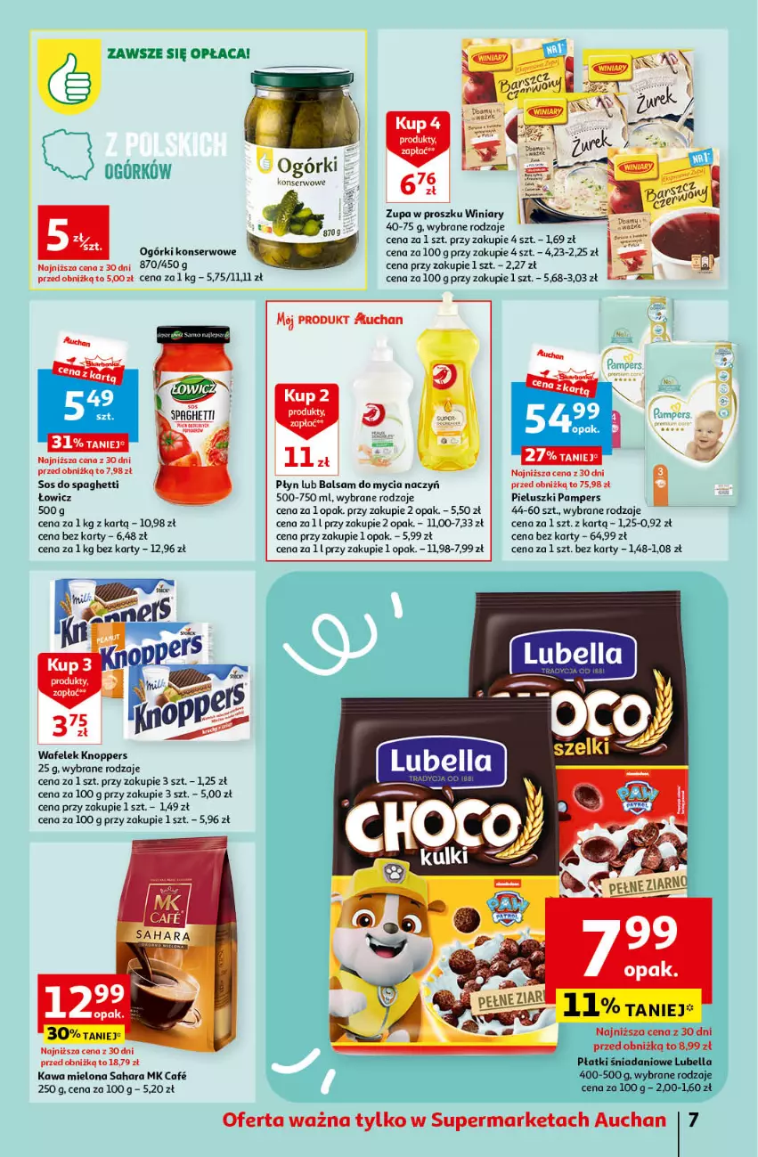 Gazetka promocyjna Auchan - Gazetka Oferta Tygodnia Supermarket Auchan - ważna 29.06 do 05.07.2023 - strona 7 - produkty: Balsam do mycia naczyń, Bell, Bella, Danio, Do mycia naczyń, Kawa, Kawa mielona, Knoppers, Lubella, Ogórki konserwowe, Pampers, Ser, Sos, Spaghetti, Wafelek, Winiary, Zupa