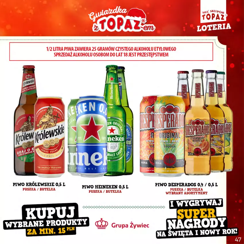 Gazetka promocyjna Topaz - Gazetka - ważna 21.11.2022 do 22.01.2023 - strona 47 - produkty: Heineken, Królewski, Piwo